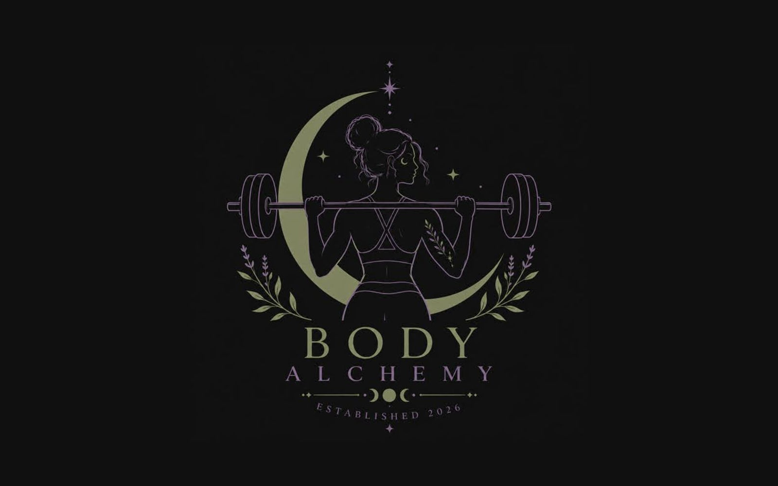 The Body Alchemy logo: a figure lifting a barbell, framed by a crescent moon and laurels
